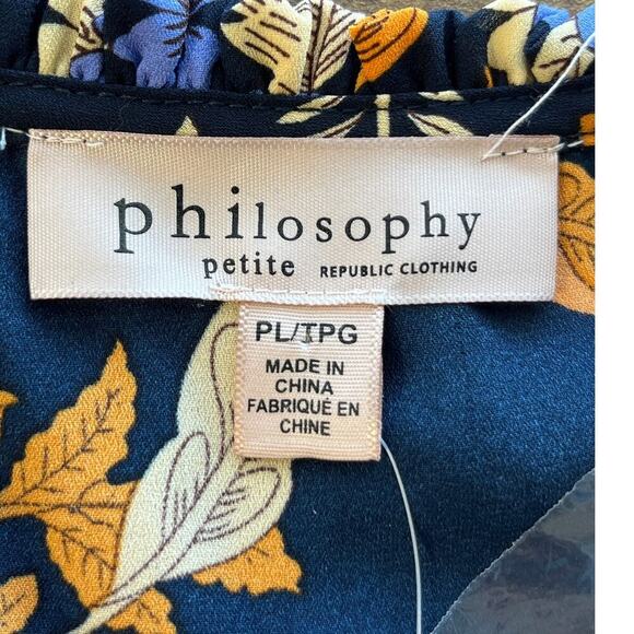 Philosophy Womens PL Navy Floral Pullover V-neck Ruffle details Sleeves Office - Picture 3 of 8
